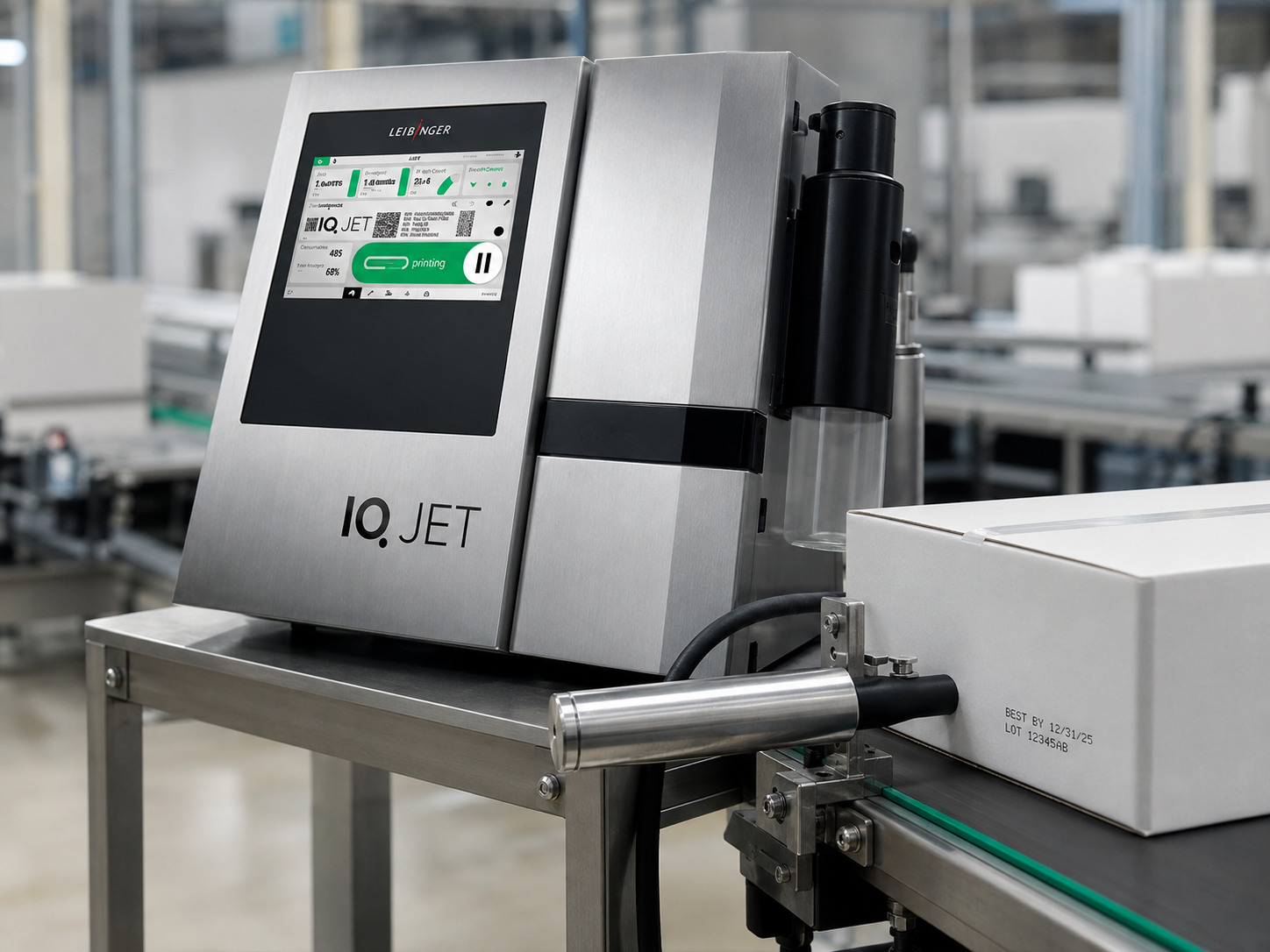 Continuous inkjet printer coding a date onto bottles moving along a conveyor