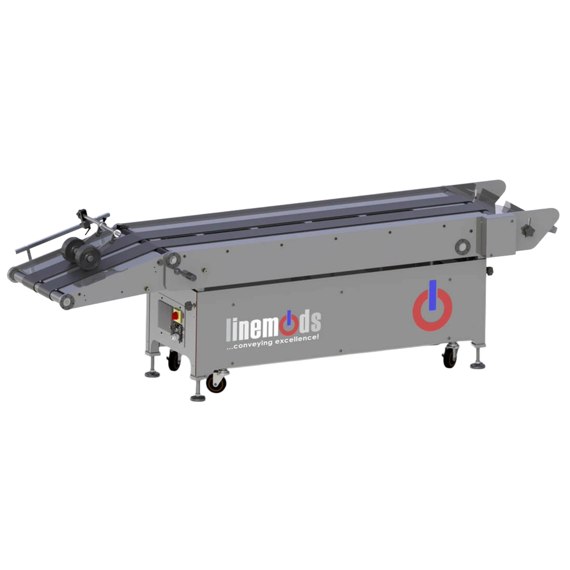 LineMods VPS 209 output stacker with inclined infeed conveyor and stacking bed
