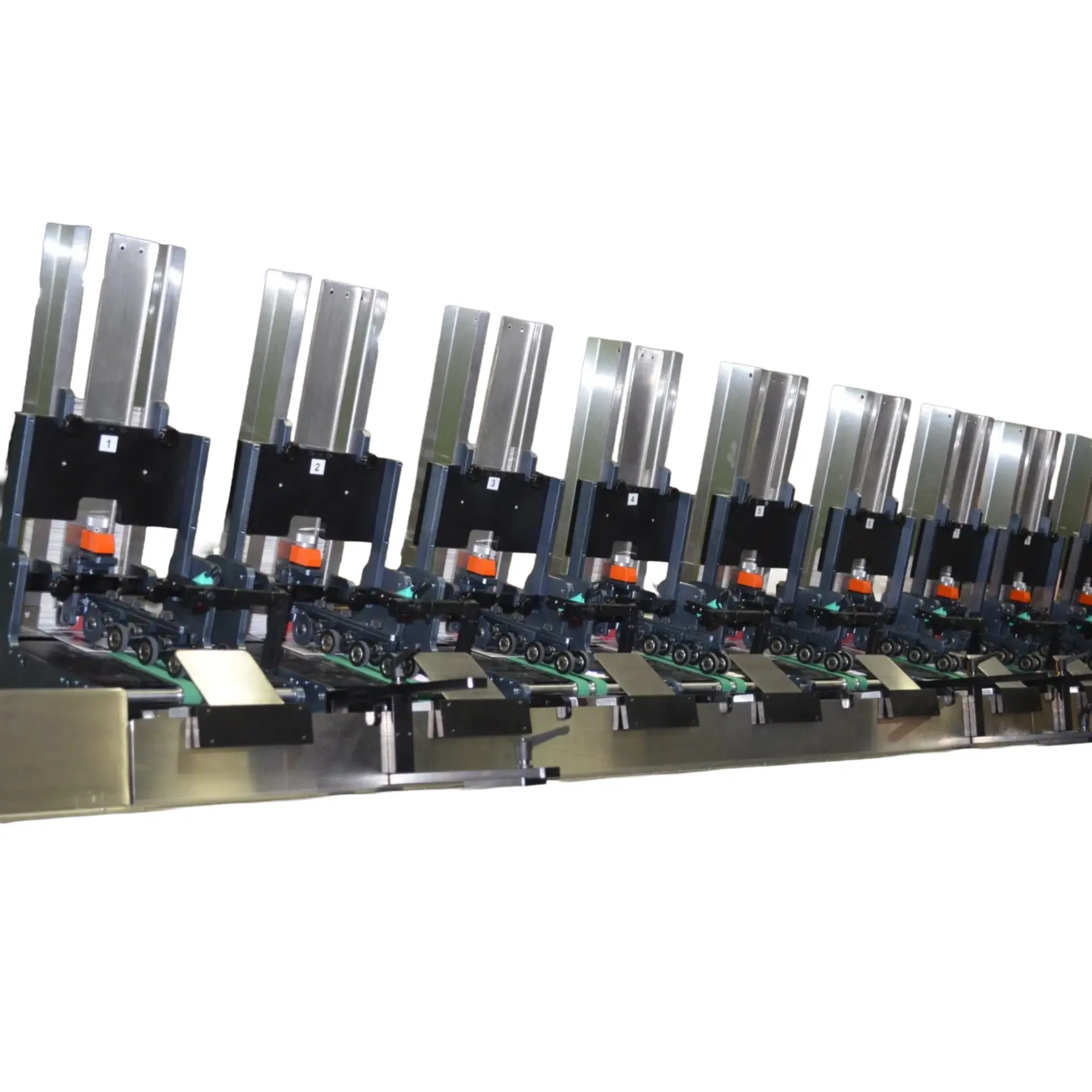 Pineberry product collating system with numbered friction feeder stations along a transport belt