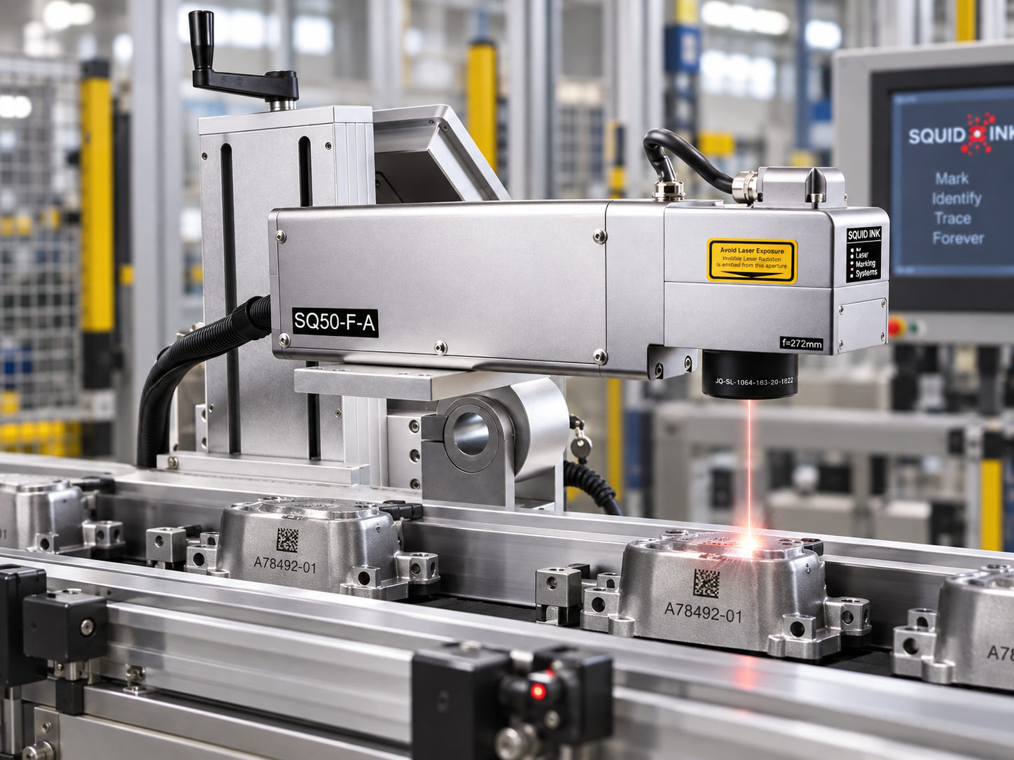 Squid Ink SQ50-F-A fiber laser marking system coding metal components on a production conveyor