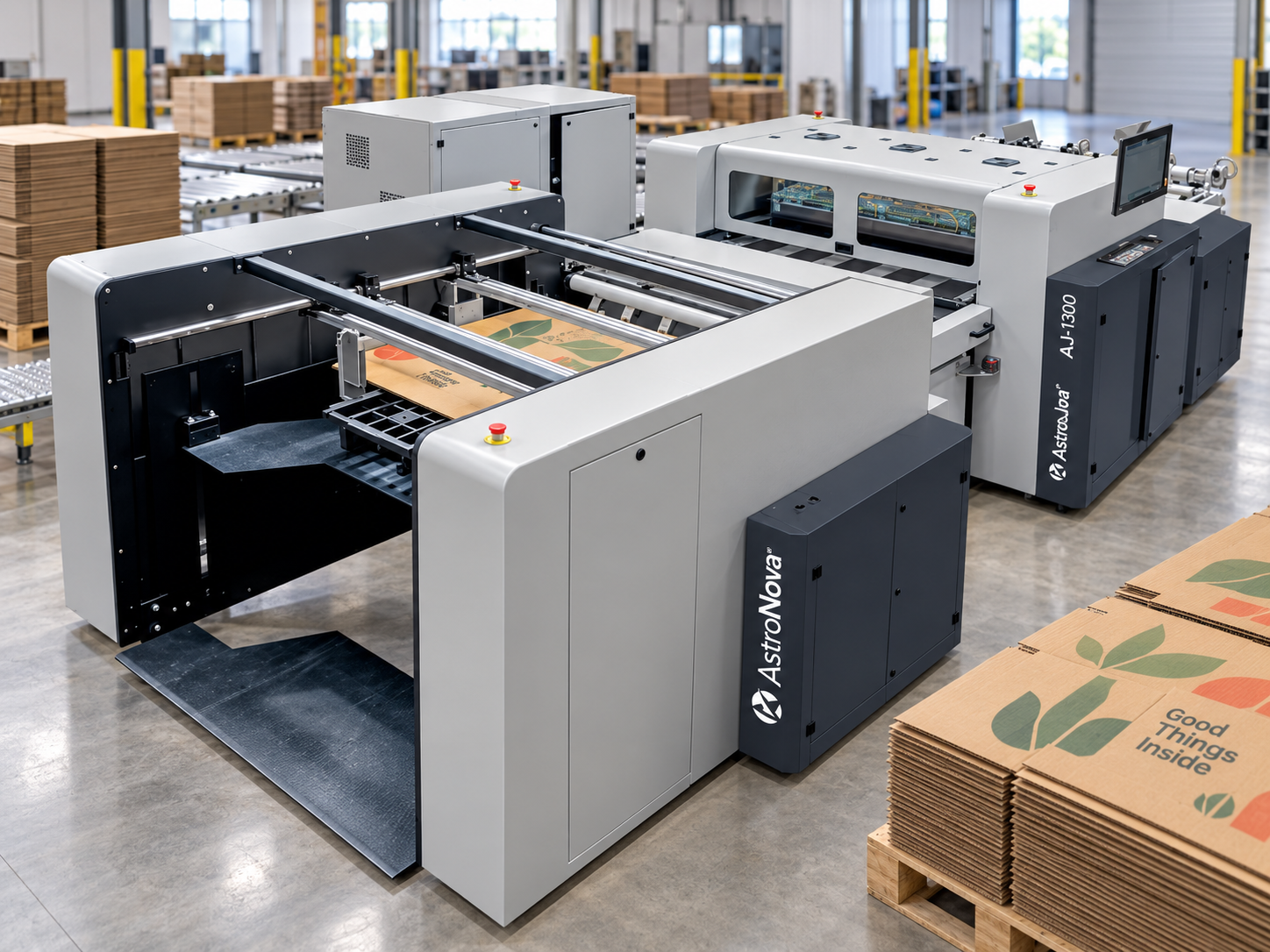 AstroNova AJ-1300 direct-to-corrugated digital printer producing printed corrugated sheets in a production facility