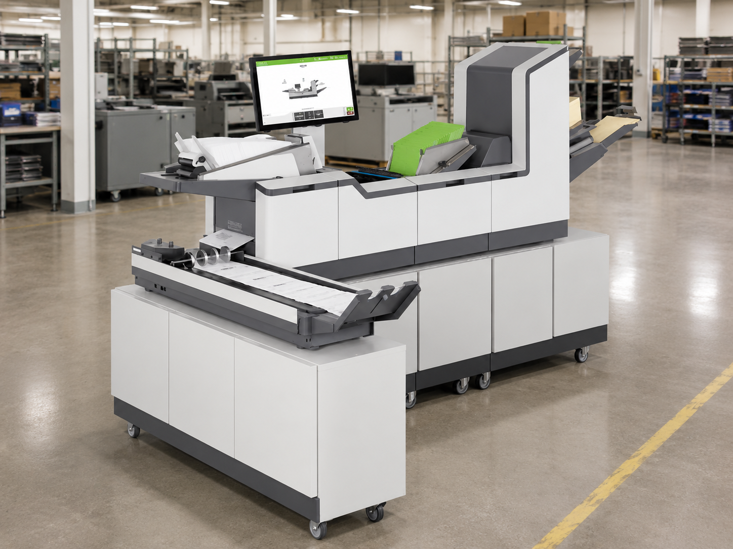 Production mail inserter processing documents and envelopes