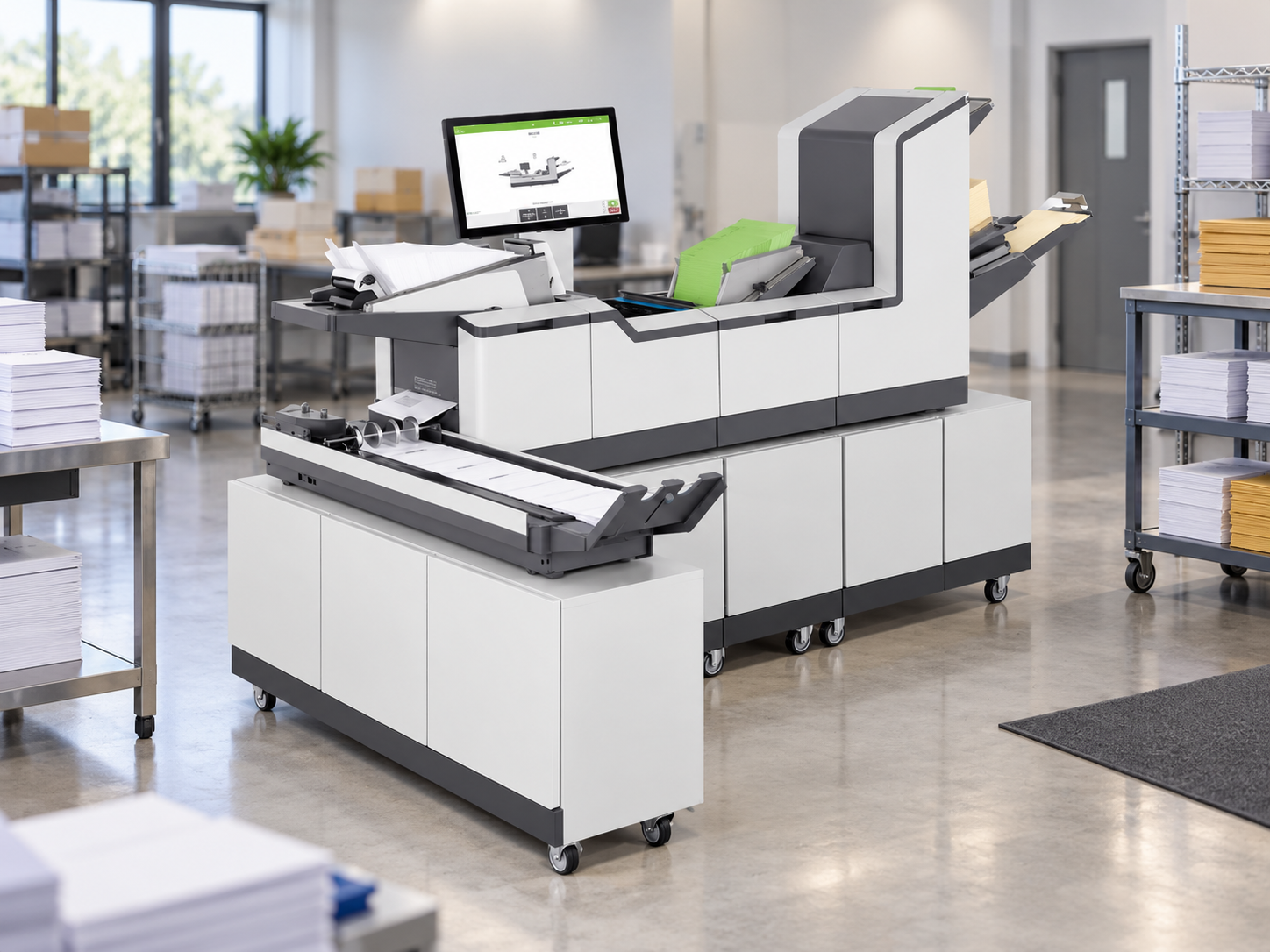 Formax 7104 addressing system processing mail pieces in a production mailroom
