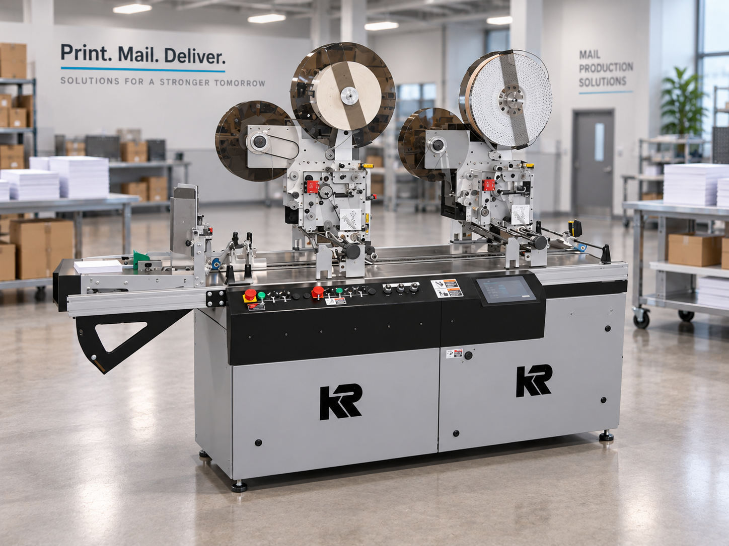 KR555 TabMaster tabbing and stamp affixing system in a production mail facility