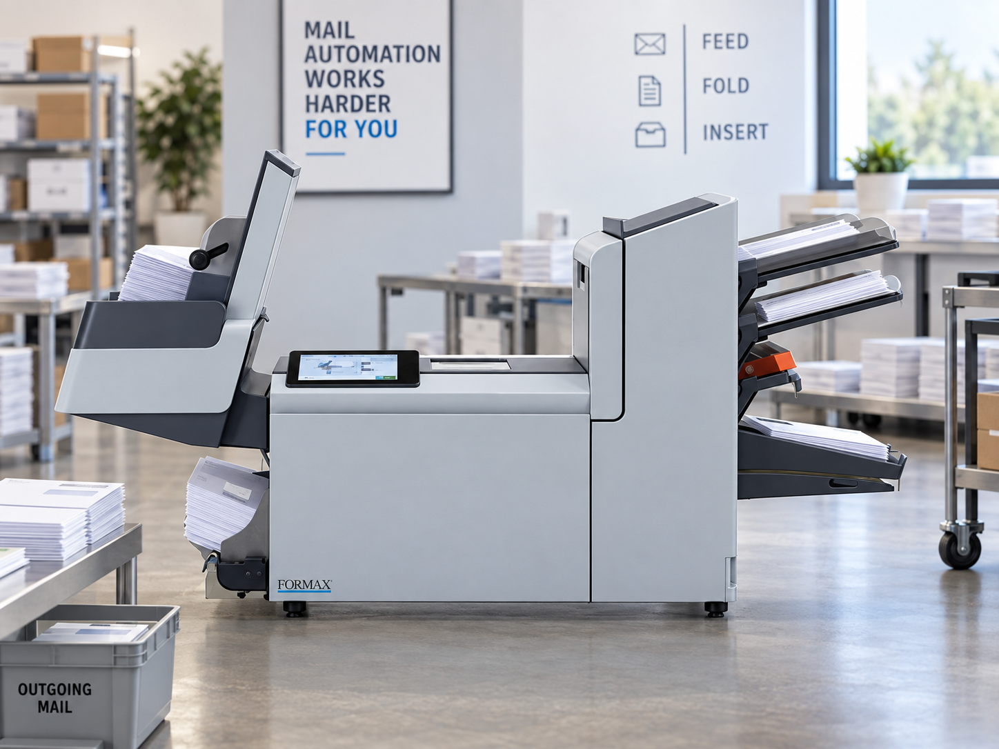 Formax automated folding and inserting system in a mail production facility