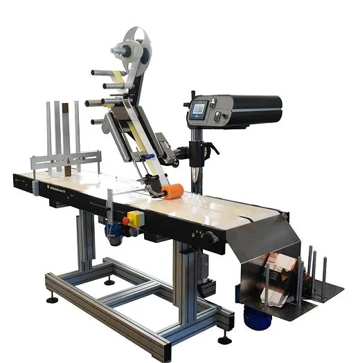 Pineberry M3005R robotic carton labeling automation system with label applicator and carton handling conveyor