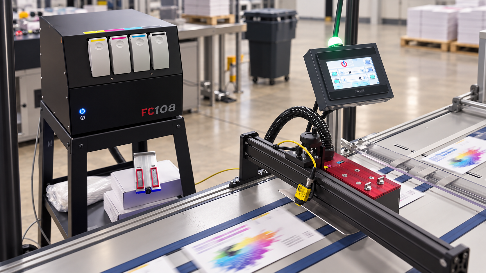FC108 digital printing system producing full-color variable output on a production line