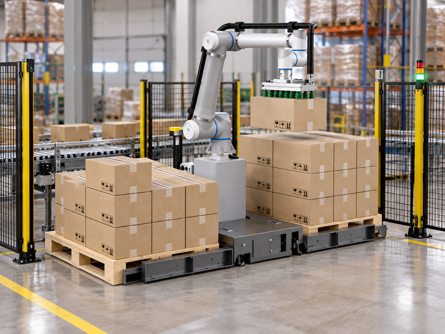 Collaborative robot palletizer stacking sealed cases onto a pallet in a warehouse