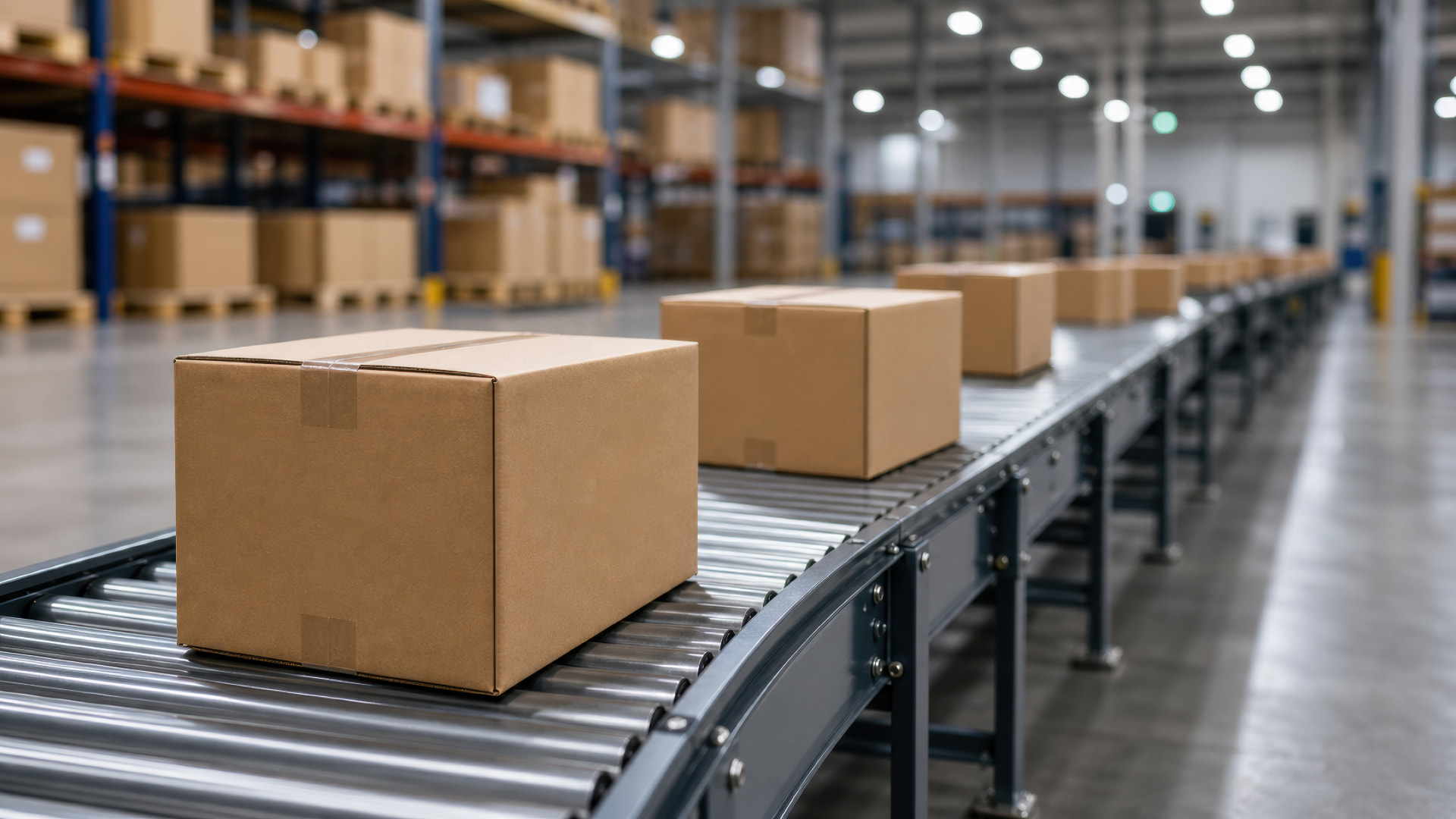 Cardboard cases moving along a roller conveyor through a warehouse