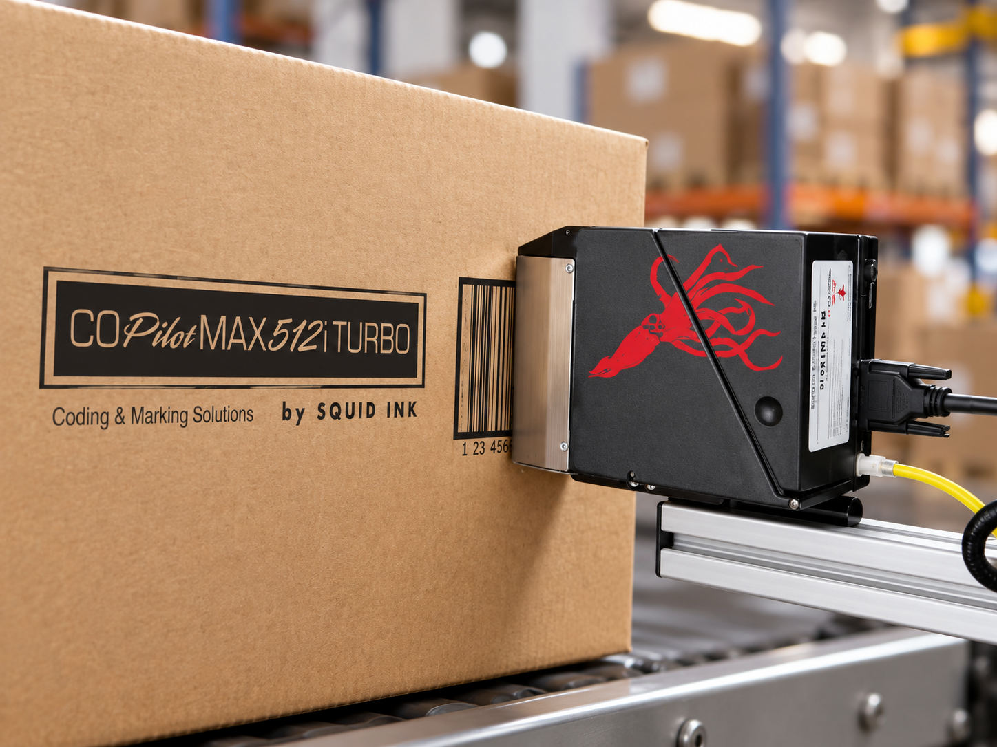 Squid Ink CoPilot MAX 512i TURBO printing a barcode on a corrugated case