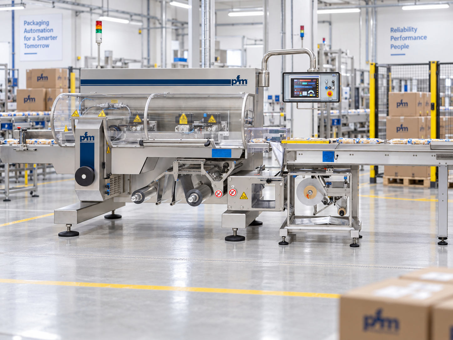 PFM packaging automation system forming and sealing cases on a production line