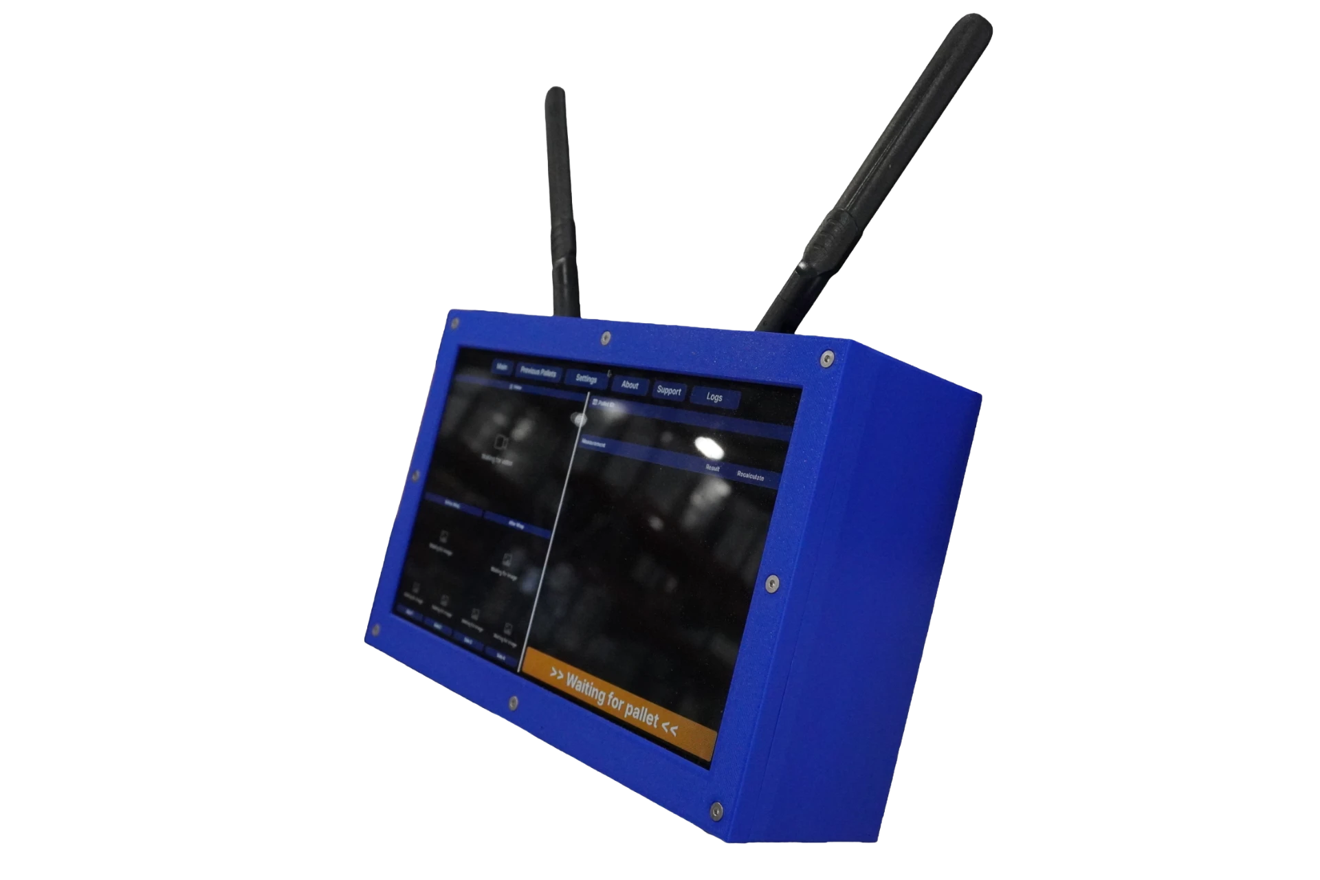 PalletVision control unit with touchscreen display showing the pallet verification interface