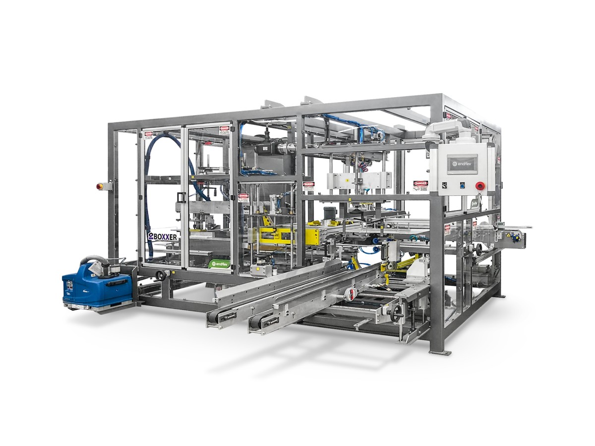 End/flex Boxxer all-in-one case erecting, packing, and sealing system on a packaging line