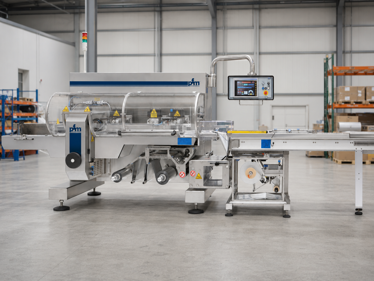 PFM horizontal flow wrapper forming and sealing packages from rollstock film