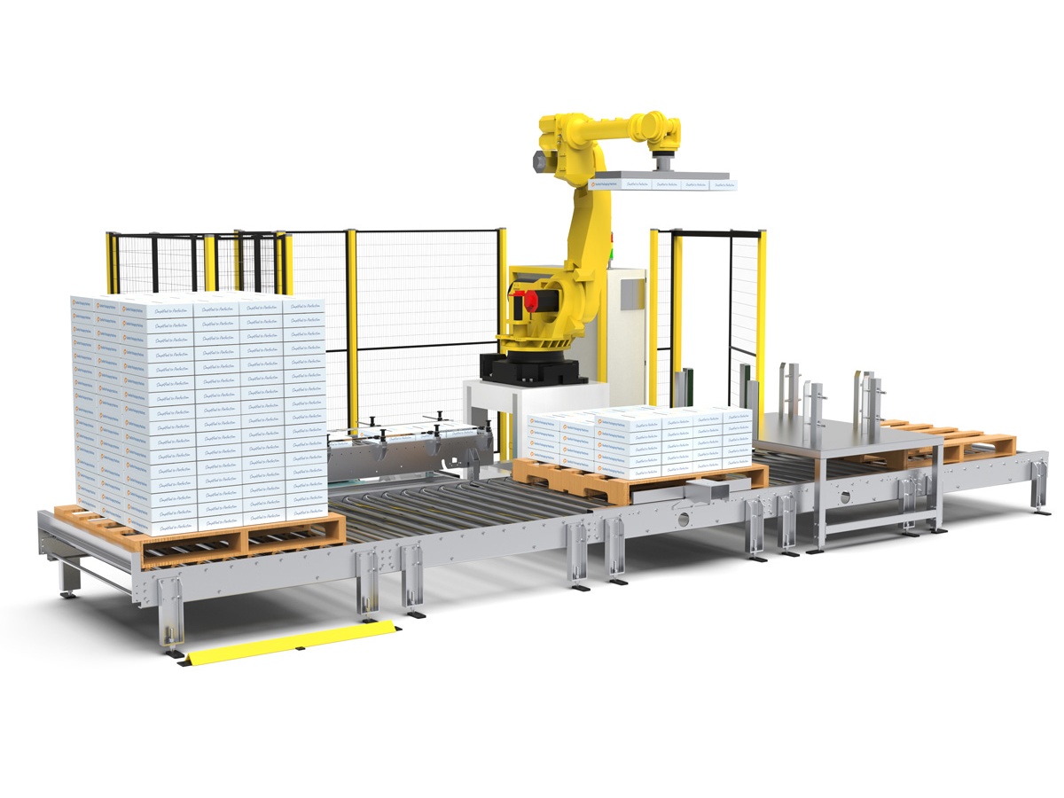 Robotic palletizer system placing cases onto pallets at the end of a production line