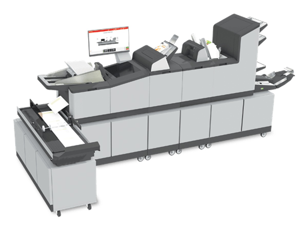 Folder-inserter system with cabinets and output conveyor for high-volume mail production
