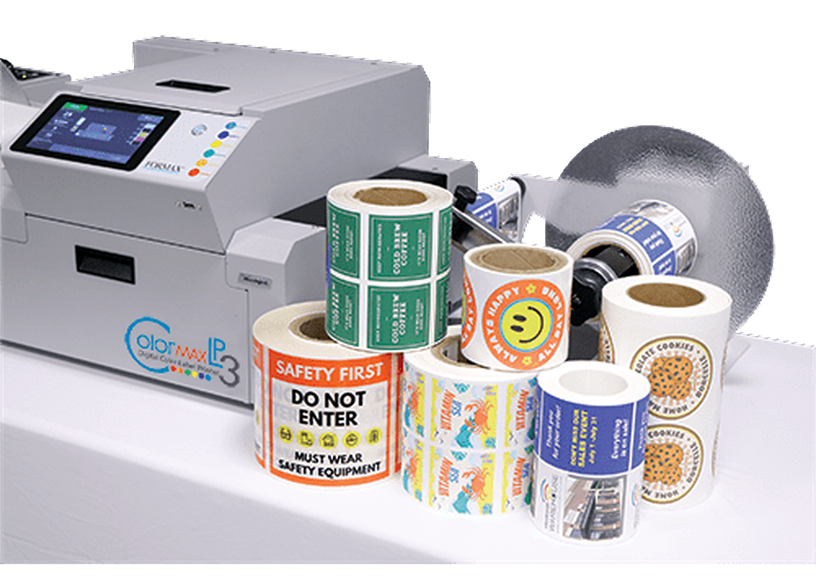 Formax Colormax LP3 digital color label printer with printed label rolls