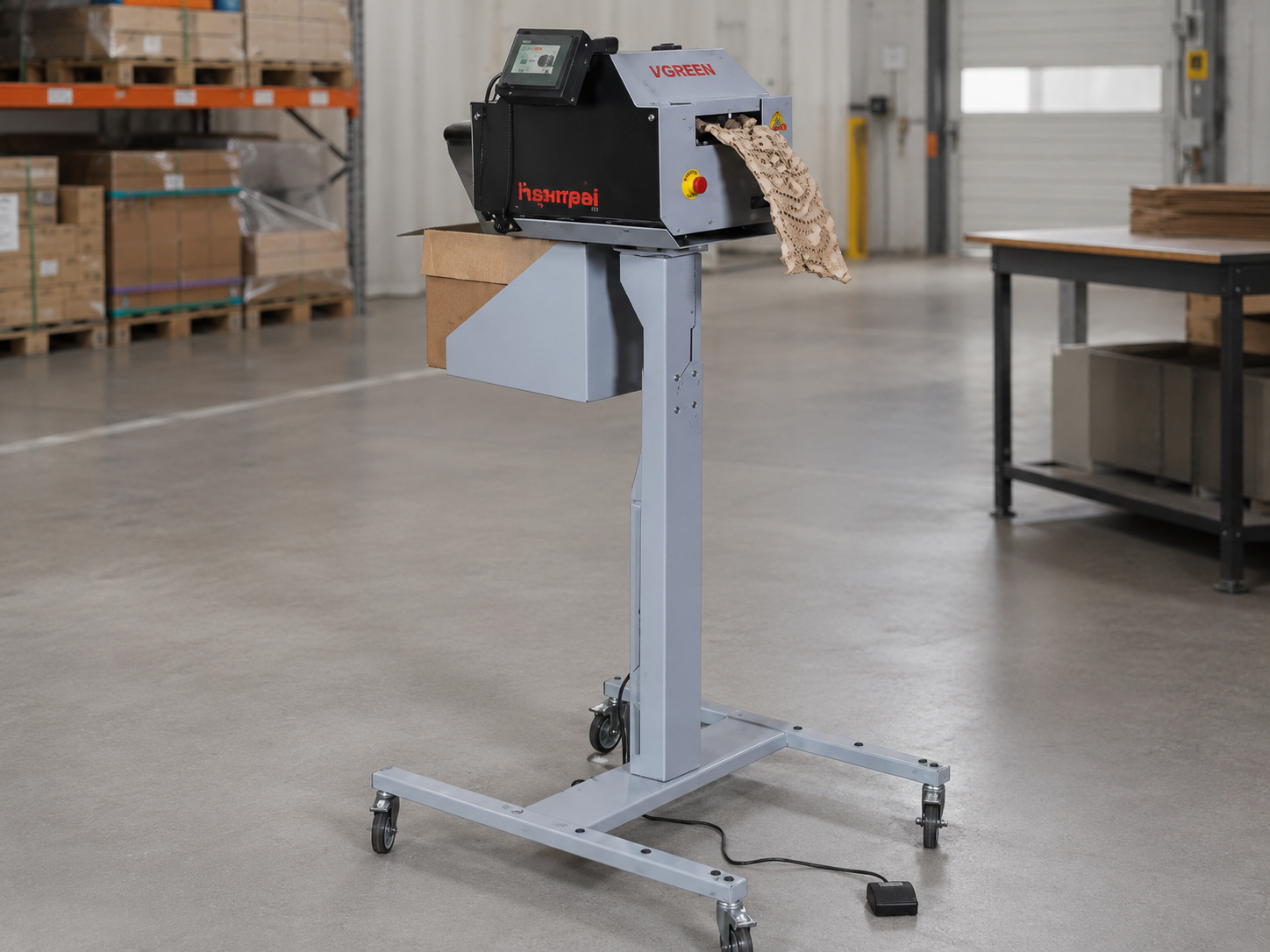 Ranpak VGREEN paper void fill dunnage system on a mobile stand