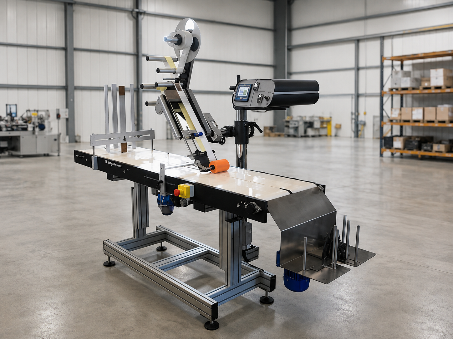 Pineberry case and carton labeling system with side applicator and conveyor