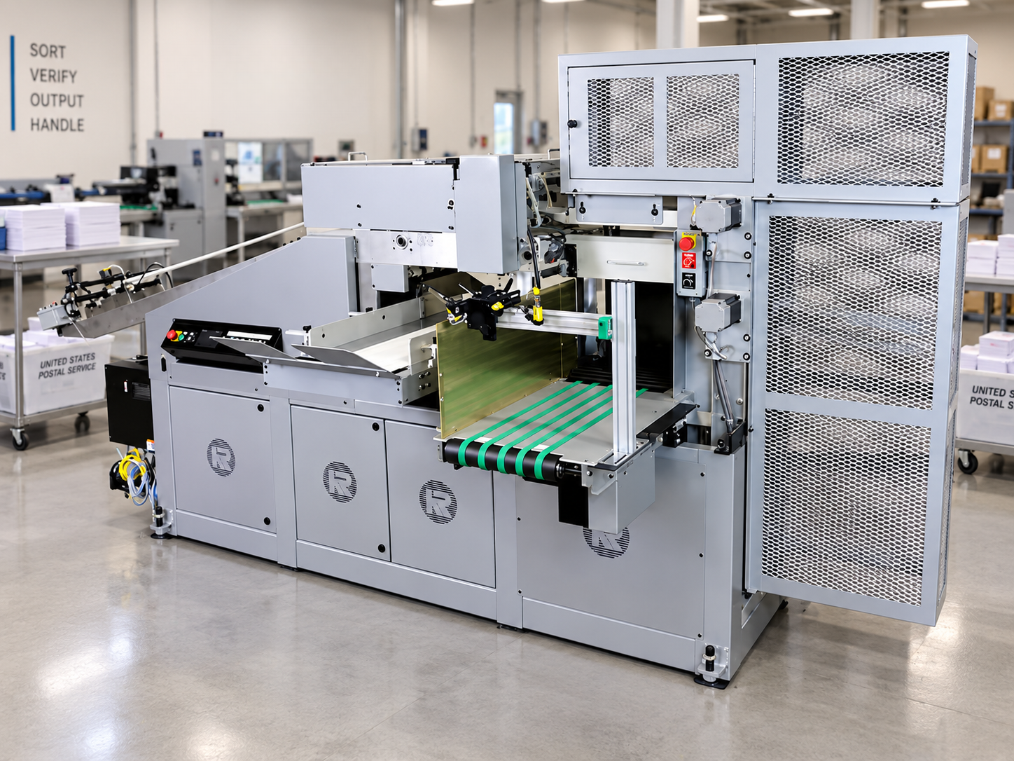 KR703 ramp stacker handling completed mailpieces for sorting, verification, and output organization