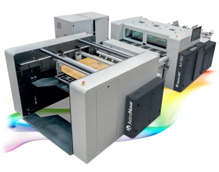 AstroNova AJ-1300 digital label printer producing full-color printed labels