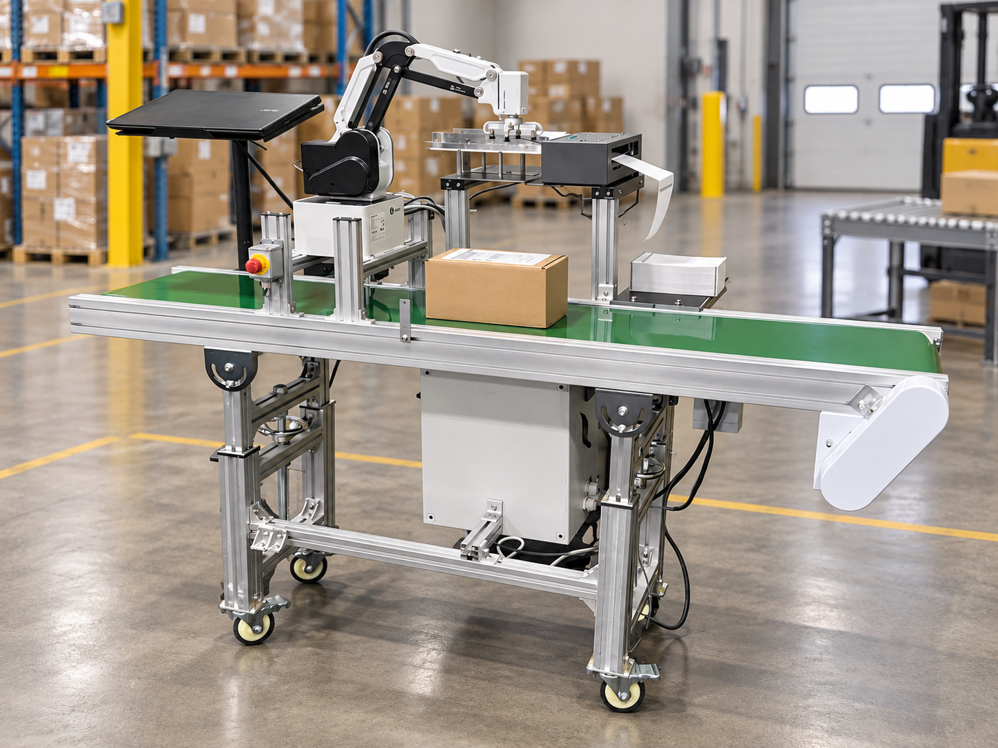 Pineberry print-and-apply labeling system applying a label to a case on a conveyor