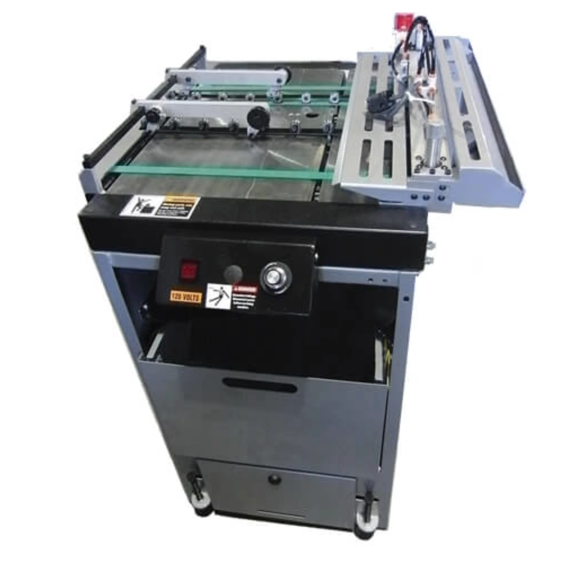Kirk-Rudy KR837V divert module with belt transport and catch tray on a mobile base