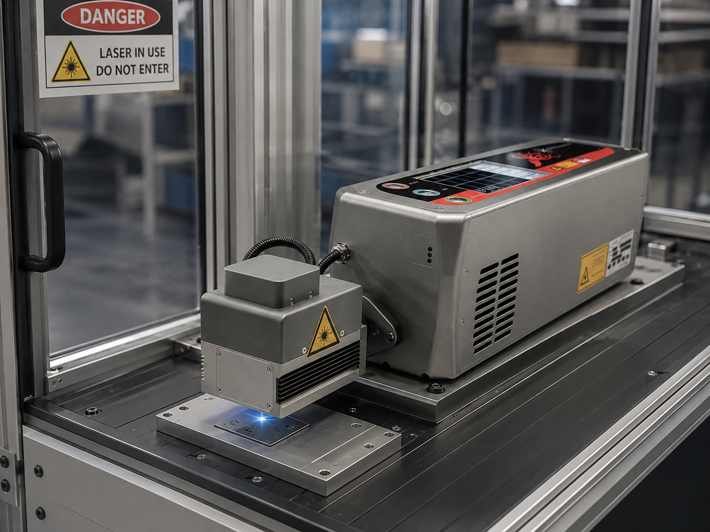 Enclosed industrial laser marking system engraving a code on a component