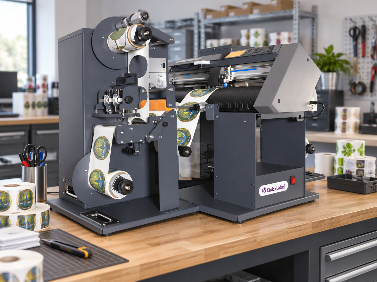 QuickLabel digital color label printer printing custom label rolls on a workbench
