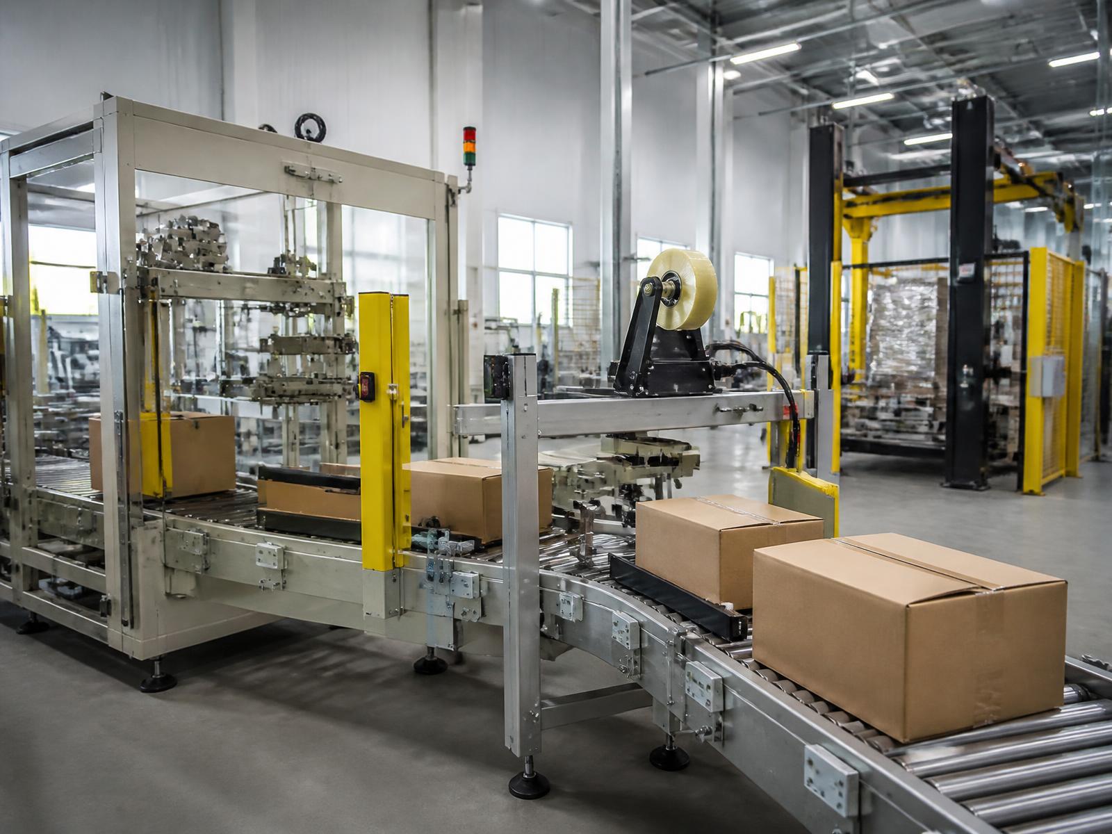 Automated packaging line moving sealed cases through end-of-line equipment