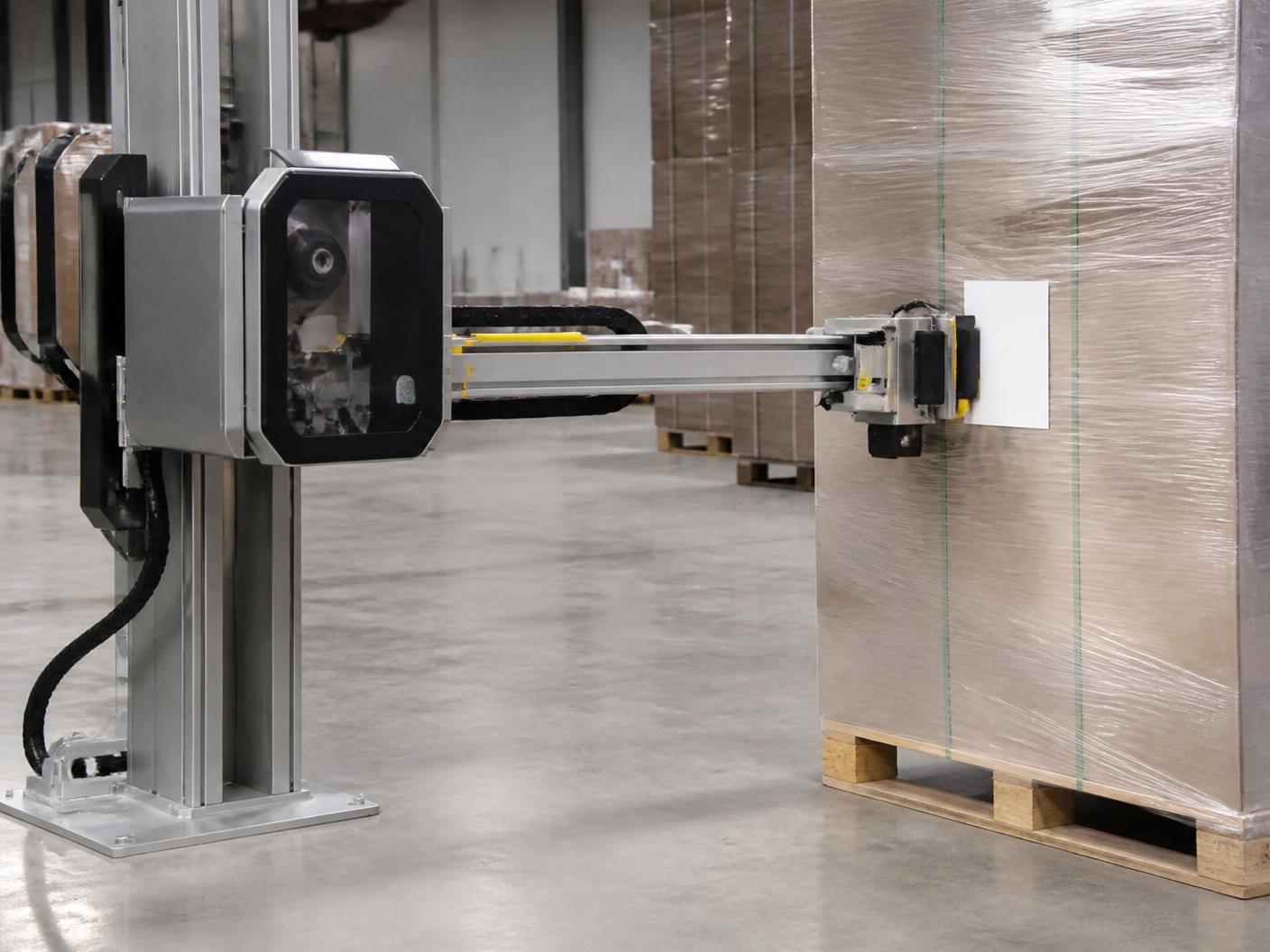 Automated pallet labeling system applying a shipping label to a wrapped pallet load