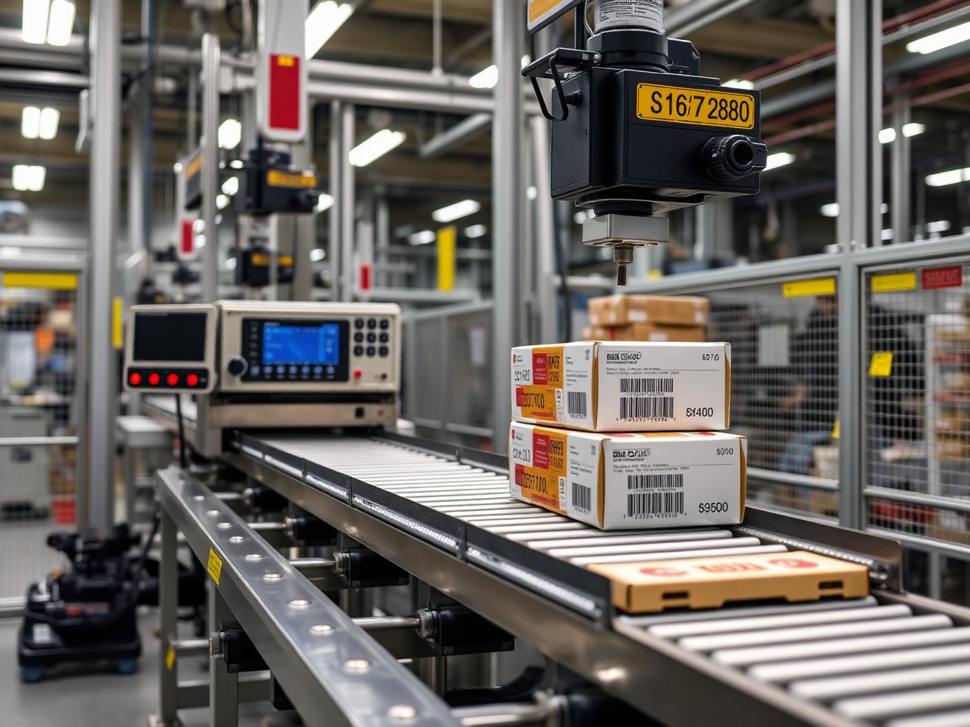 Inline checkweighing and barcode scanning inspection station reading cases on a conveyor