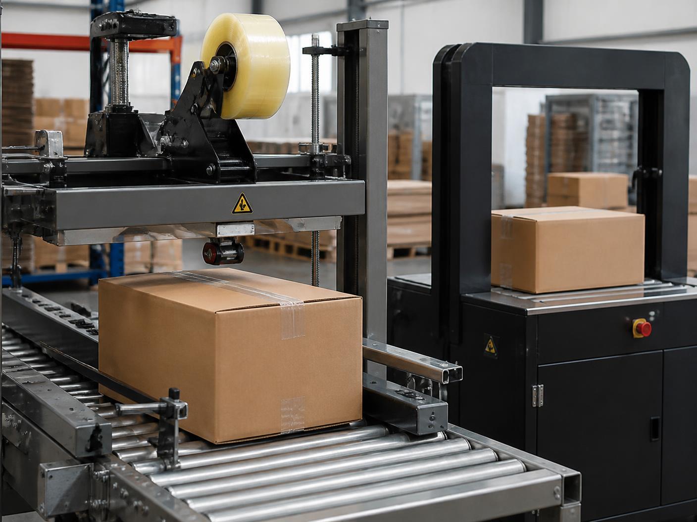 Automatic case sealer taping corrugated cases beside a strapping system on a conveyor