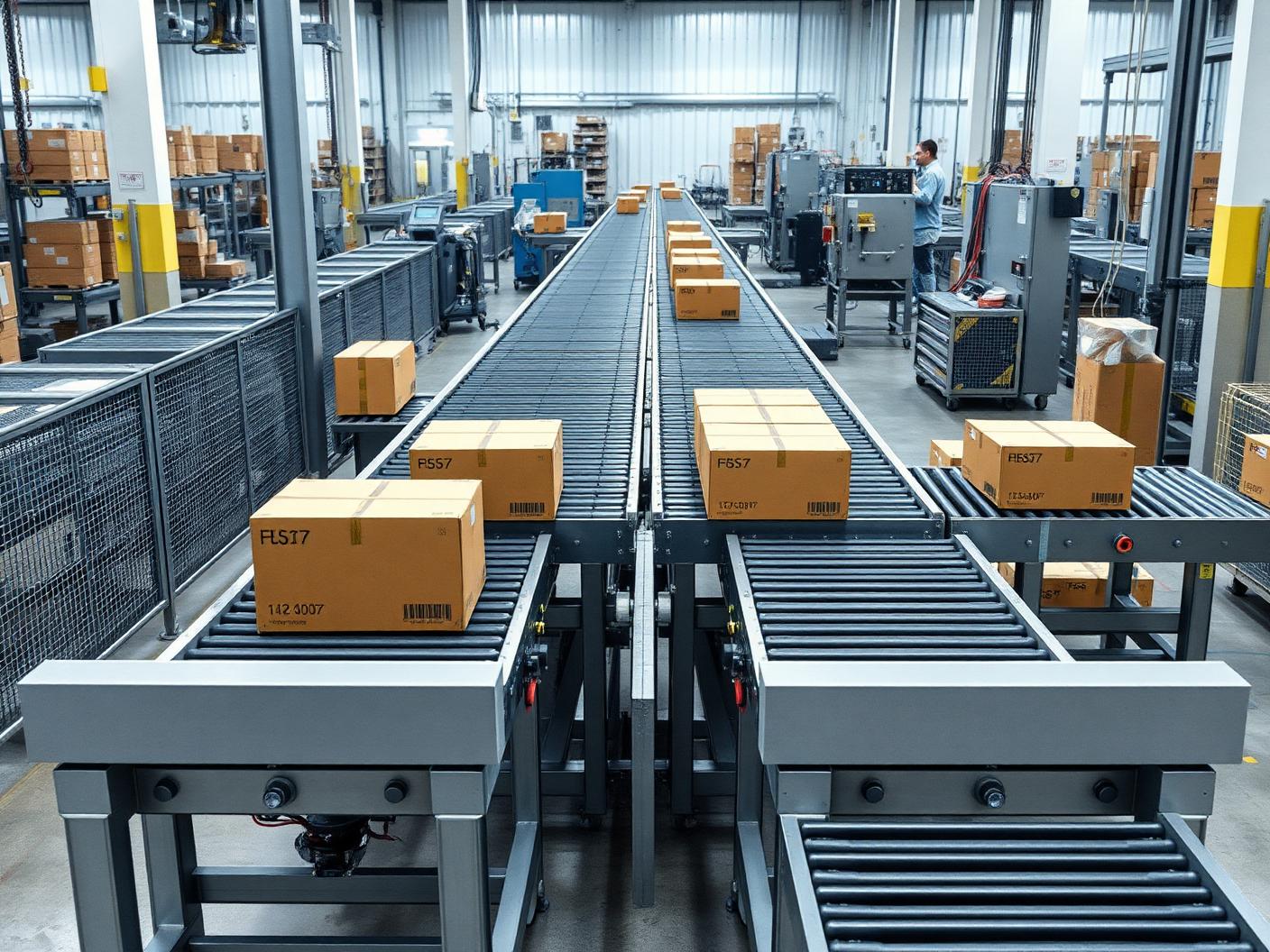 Conveyor merge and diverter routing cases into separate lanes on a production line