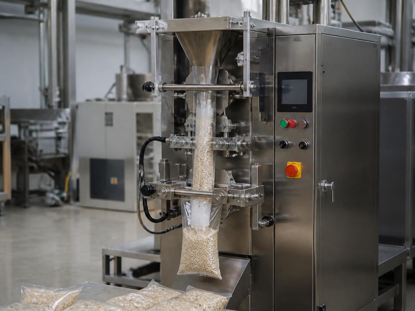 Form-fill-seal bagging system filling and sealing bags in a production facility