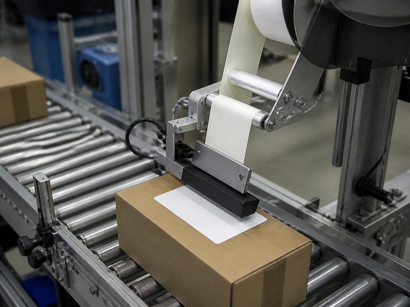 Industrial carton label applicator labeling packages on an end-of-line conveyor
