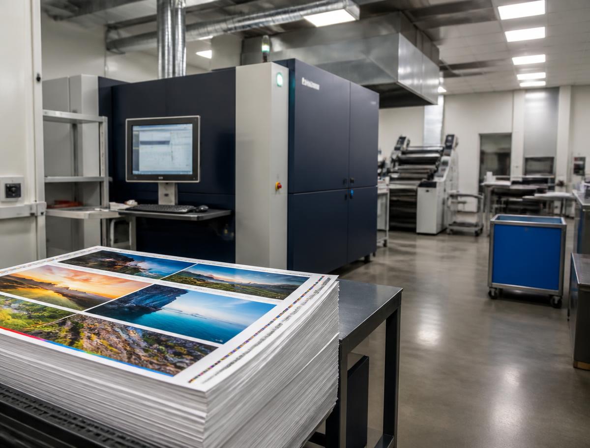 Production digital press in a commercial print shop with printed sheets stacked on a table