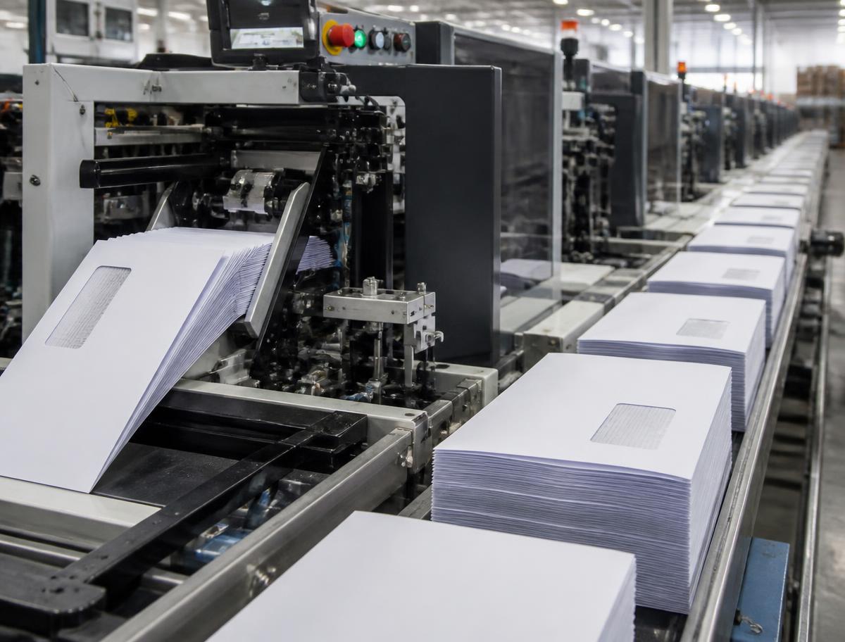 High-volume direct mail inserting line feeding envelopes onto a production conveyor
