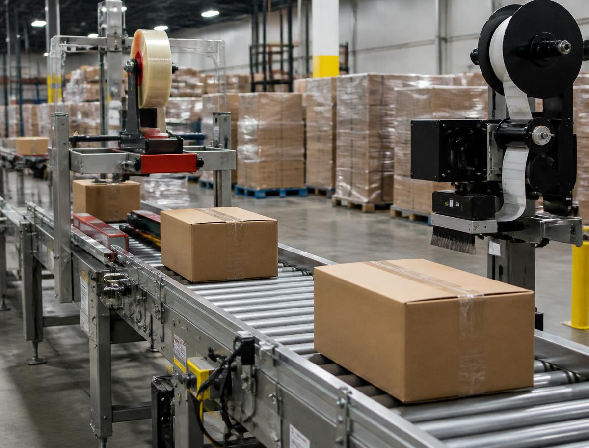 Fulfillment center conveyor with a case sealer and print-and-apply labeler preparing shipping cartons