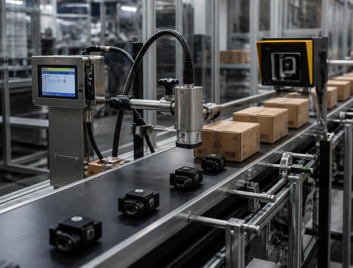 Industrial inkjet coder marking components and cases moving along a manufacturing conveyor