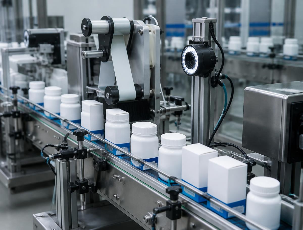 Pharmaceutical packaging line with bottles and cartons passing labeling, coding, and inspection equipment