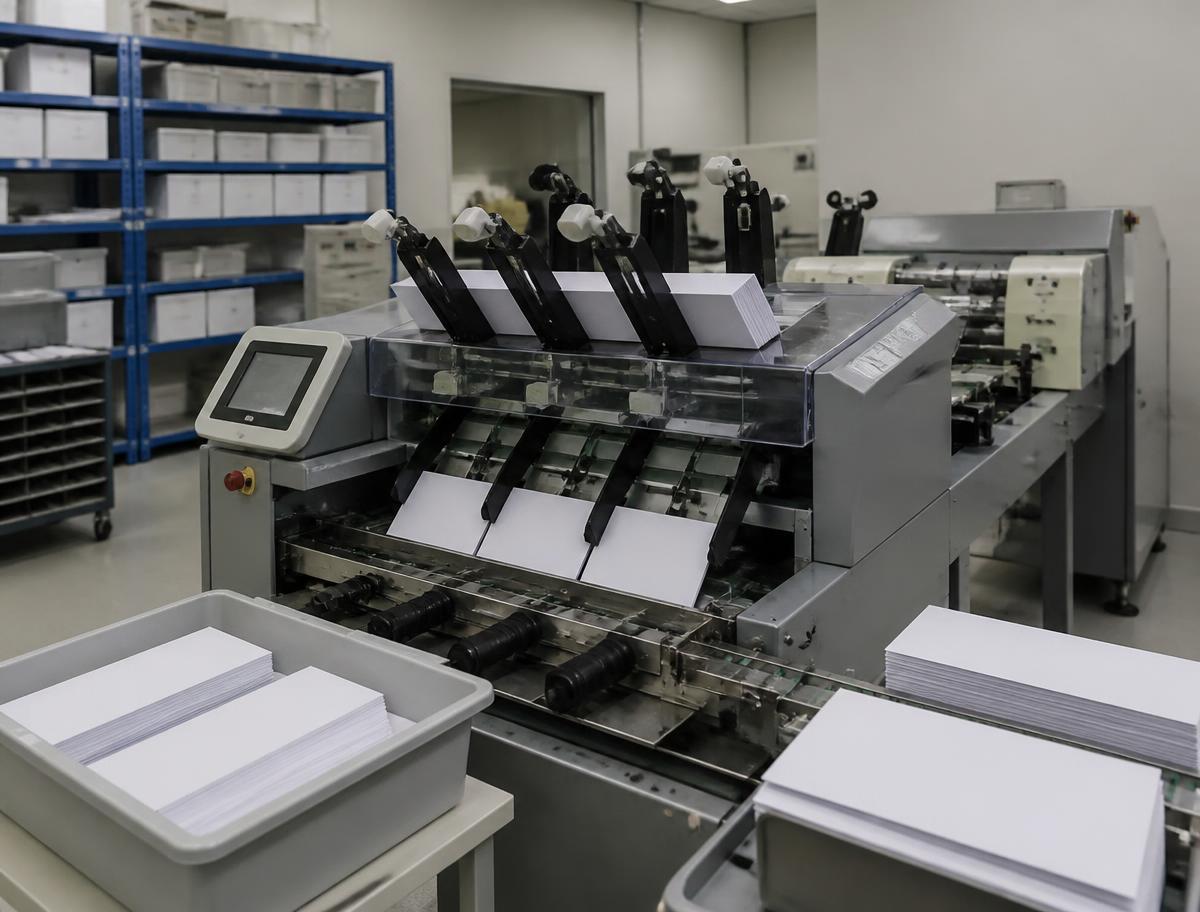 Folder inserter processing blank documents into envelopes in a controlled production mail room