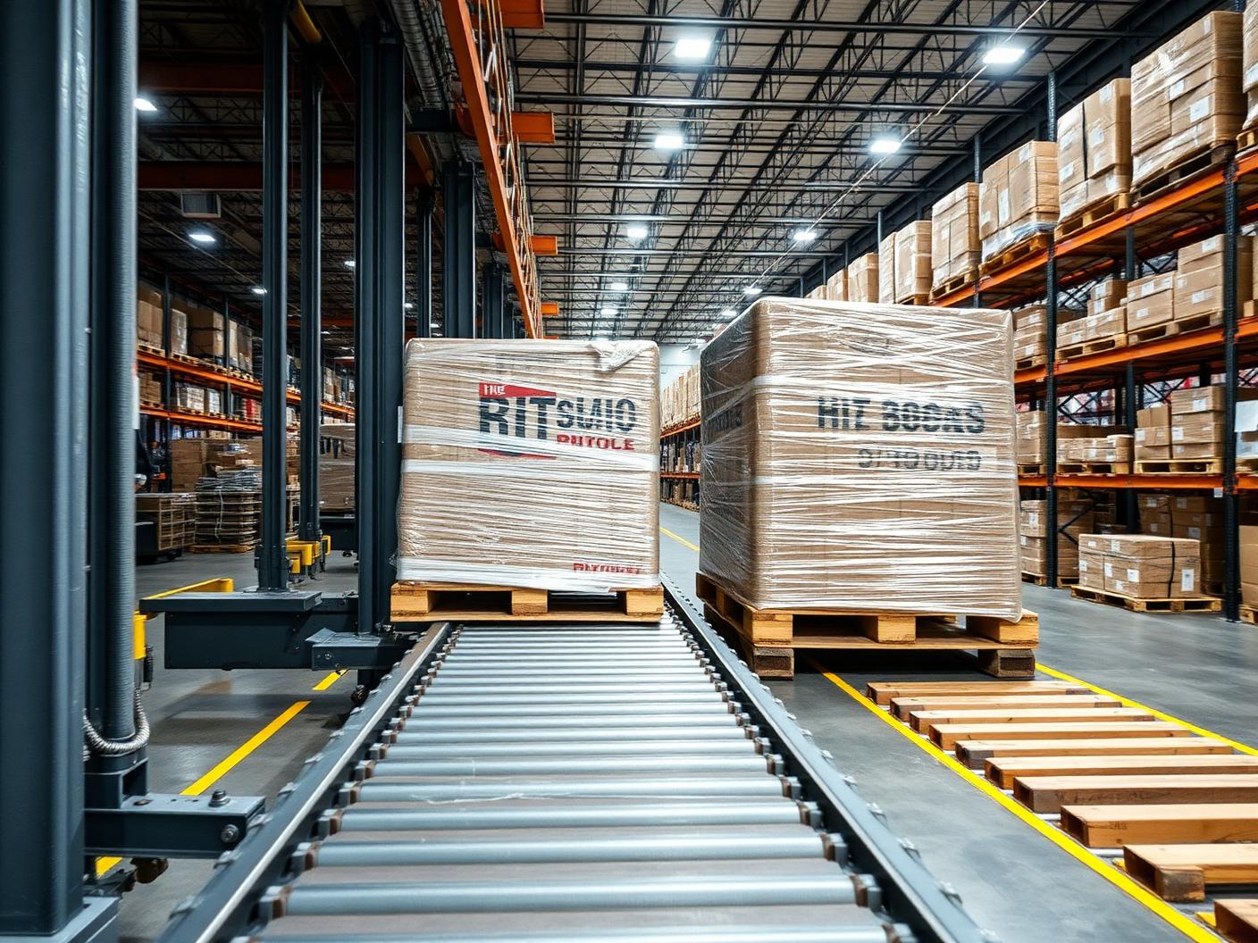 Wrapped pallet load moving along a pallet conveyor toward a shipping staging area