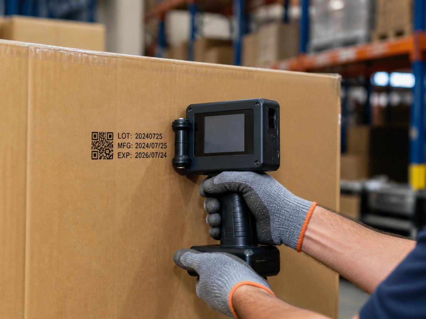 Handheld industrial printer applying a code to a large carton