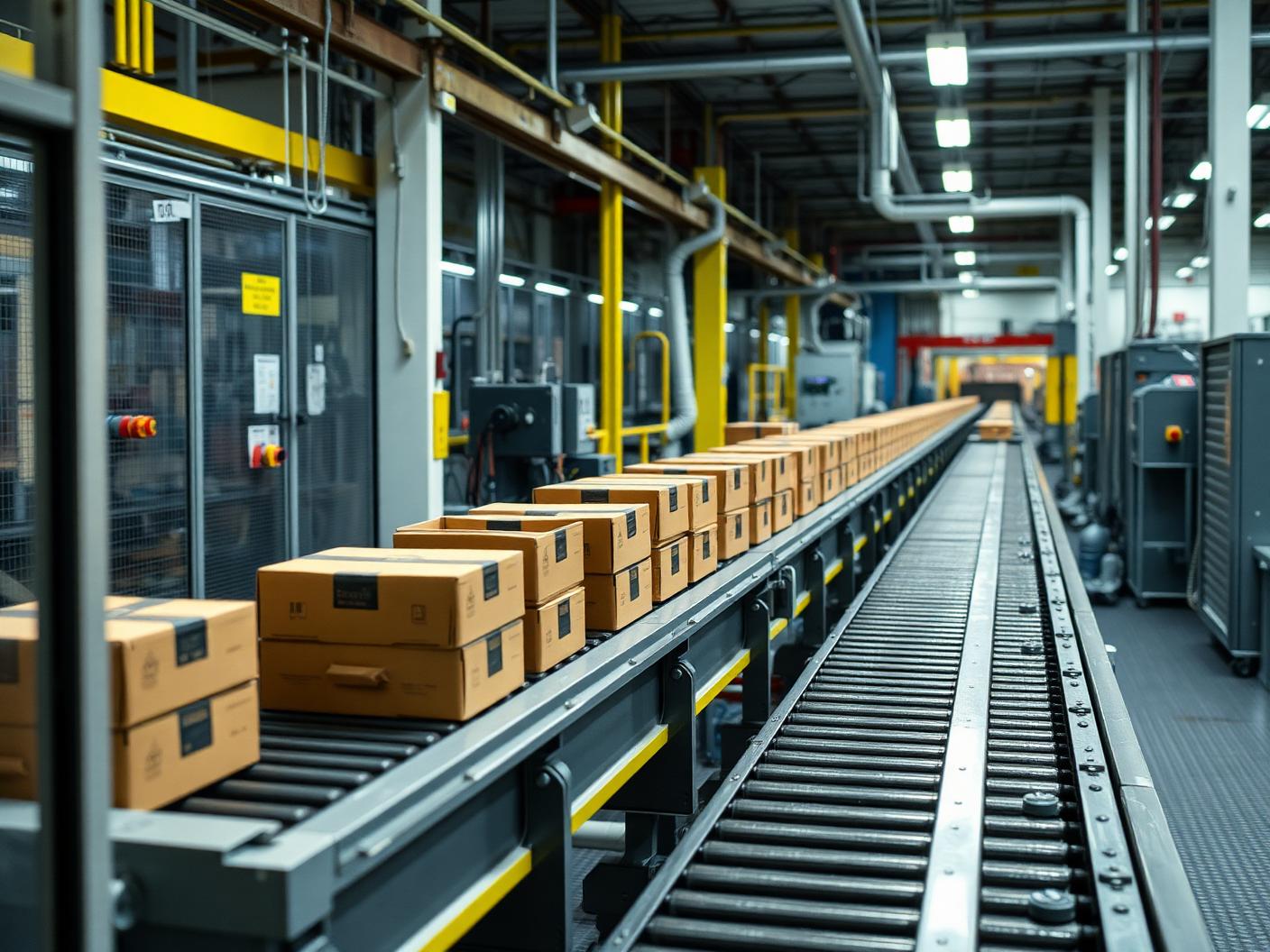 Powered conveyor and accumulation section moving corrugated cases through a production plant