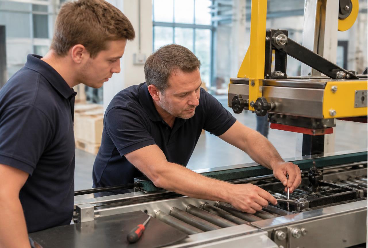 Technician performing preventive maintenance on a case sealer and conveyor while an operator observes