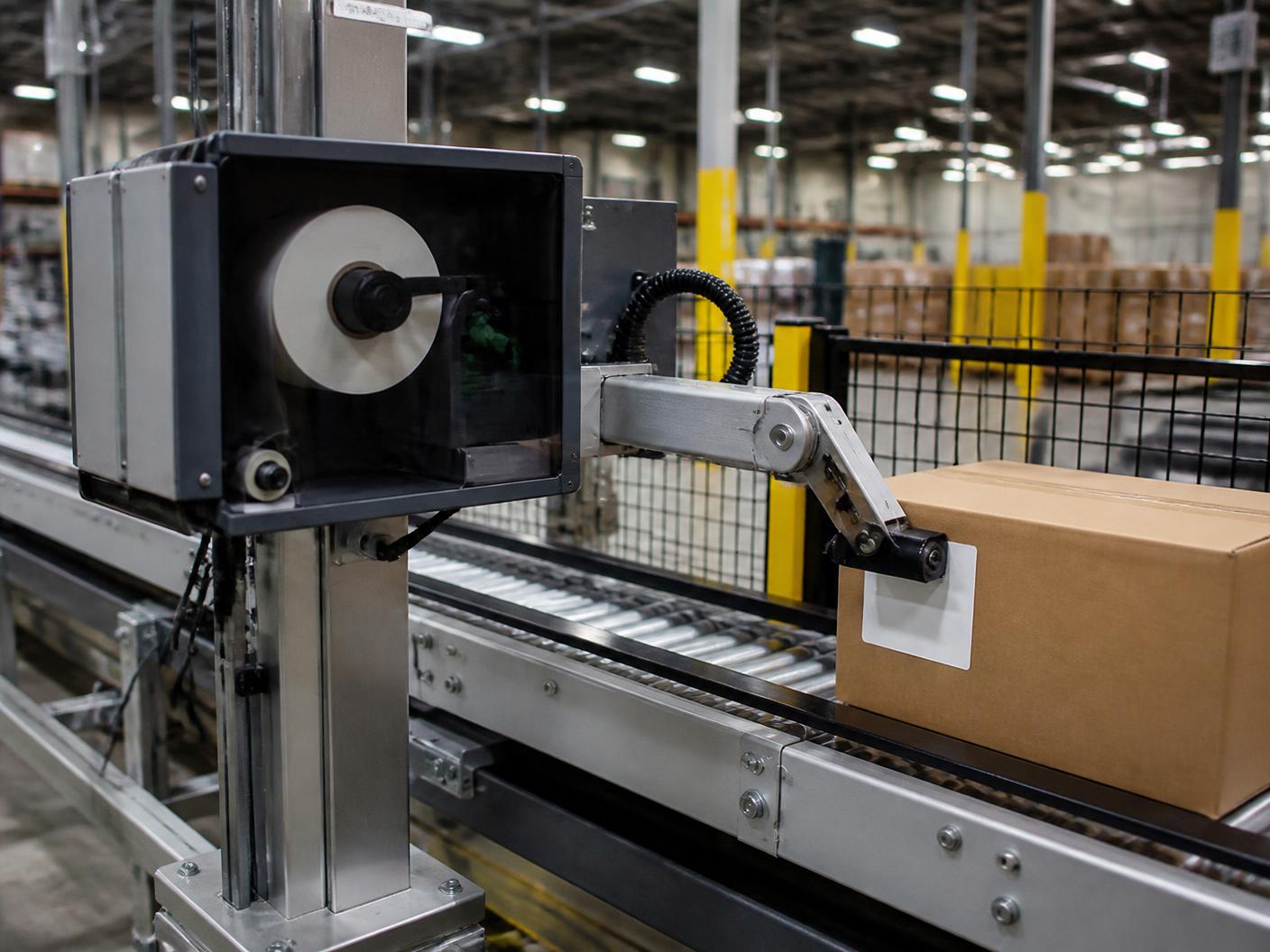 Print-and-apply labeling system printing and applying a barcode label to a corrugated case
