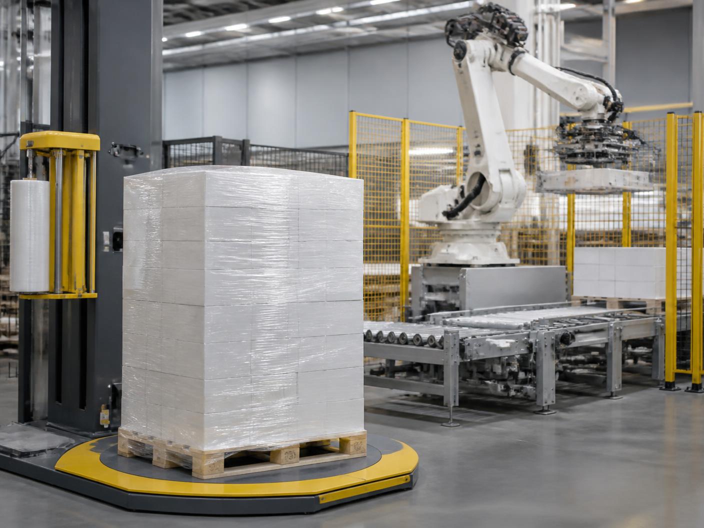 Automatic stretch wrapper securing a completed pallet load next to a palletizing system